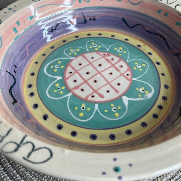 Whimsical Handmade Pottery Pie Deep Dish Plate Pan Hand Painted Apple Peach - Picture 7 of 11